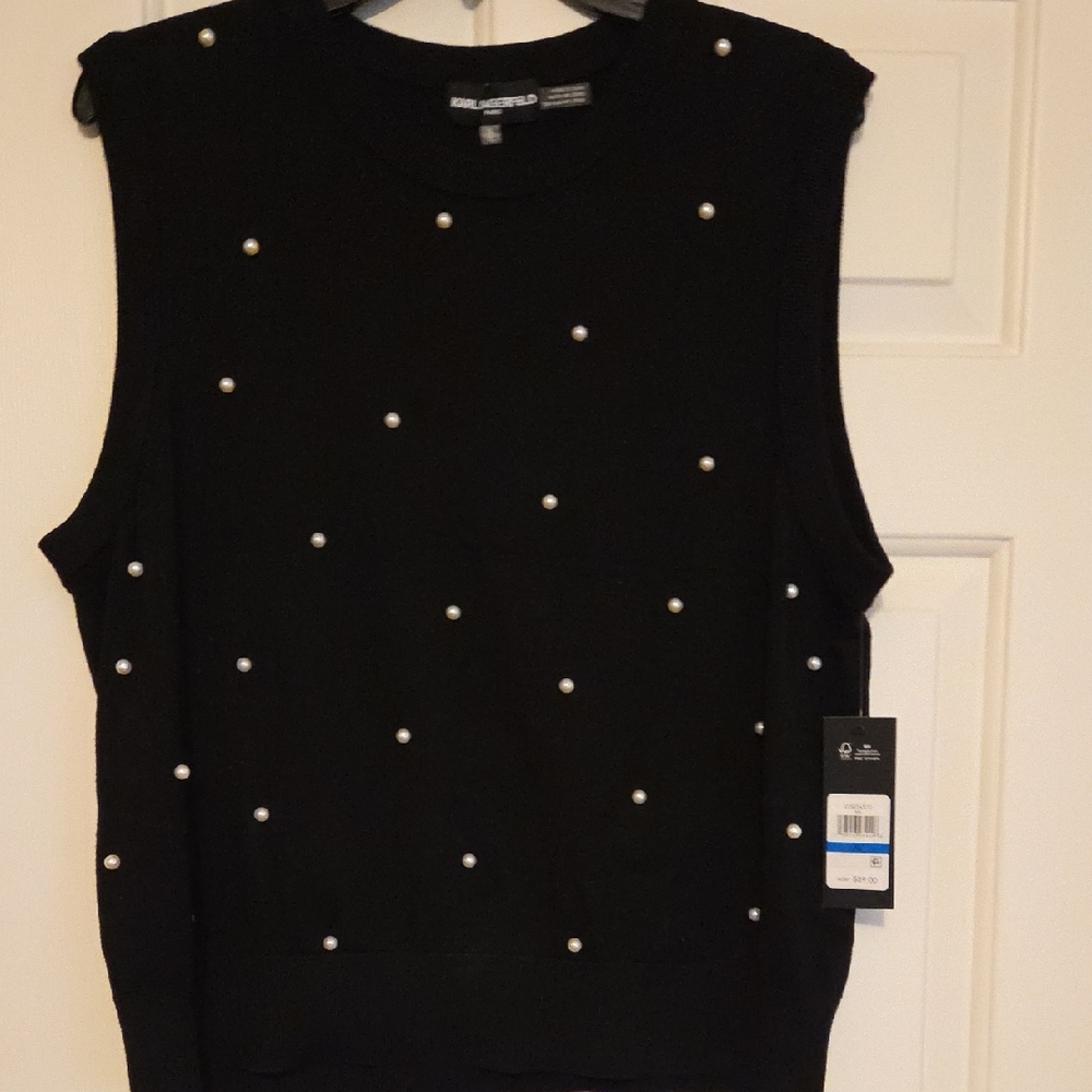 Karl Lagerfeld Black Sleeveless Vest Or Shell with Pearl Accents